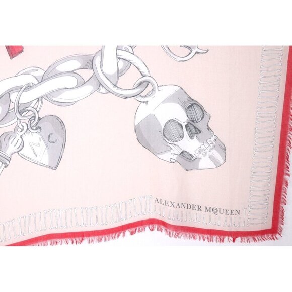 Alexander McQueen Unisex 138x138 Beige Red Skull Charm Bracelet Silk Modal Scarf - Picture 2 of 7